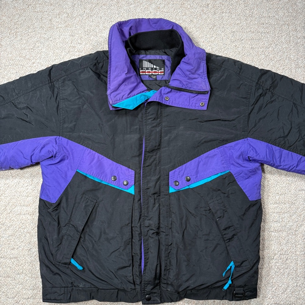 Vintage 80s Colorblock Ski Jacket Purple Teal Black Retro Snow Coat
